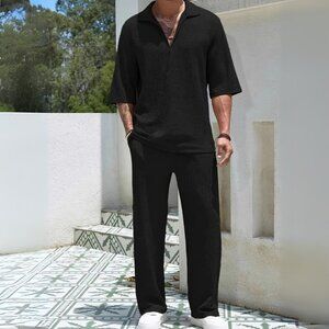 Men's Black Johnny Collar Half Sleeve Top & Pants Resort Outfit